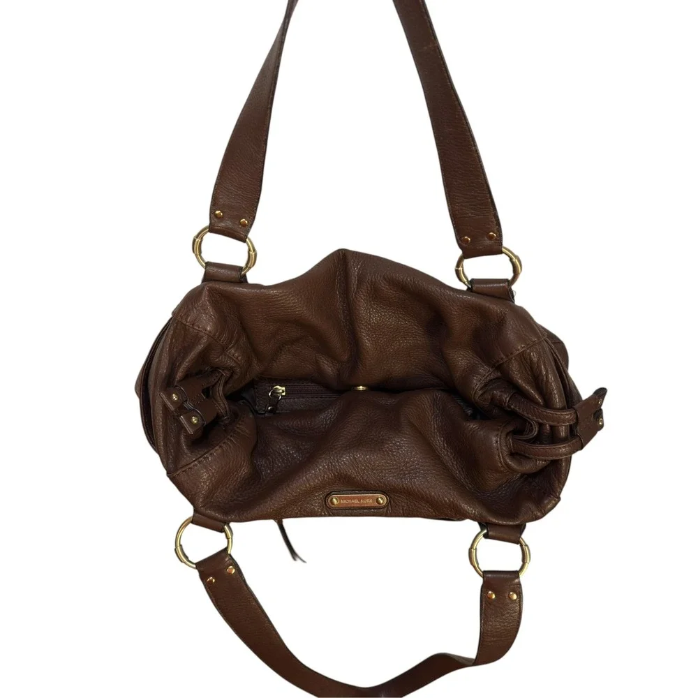 Michael Kors Shoulder Bag Medium Brown Pebbled Leather Gold Buckle Boho Chic